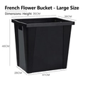 Large black French floral bucket in durable plastic with detailed size measurements - French-style Bucket (large); Flower Bucket