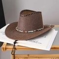 Close-up of brown straw cowboy hat featuring intricate beadwork and metal eyelets - Brown