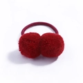 Detail of red faux fur double pom pom hair tie with elastic band on white background - Dark Red
