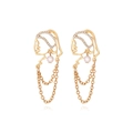 Retro hollow metal face earrings with pearls and long gold tassels on white background - Gold