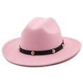 Pink wool fedora hat with black rivet band and gold studs for men and women - M(56-58cm) / Pink