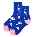 Dark blue crew socks featuring space exploration patterns and pink heel accents - Dark Blue Space