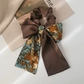Elegant floral pattern long bow scrunchie in deep brown and cyan twill fabric - 1# Khaki Floral Long Streamer Hair Rope