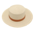 Top view of beige straw boater hat with frayed edges and brown leather band detail - Off White