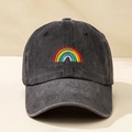 Unisex gewaschene schwarze Baumwoll-Baseballkappe mit bunter Regenbogenstickerei - Einheitsgröße / Schwarz
