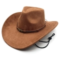 Classic brown suede western cowboy hat with leather braided band and windproof cord - M(56-58cm) / Khaki