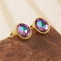 Elegant gold oval stud earrings featuring multifaceted purple and teal gradient gemstones - Multicolor Gradient Oval Stud Earrings (BD512-seven-colors)