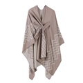 Brown and beige zigzag pattern knit shawl with matching waist tie in a draping style - Herringbone-Light Khaki