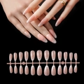French almond fake nails set in nude pink with white lines, 24 pieces display - French White Line Pattern Long Almond Glossy (HTMC-MP04)