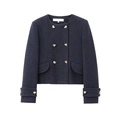 Women's navy tweed jacket with gold buttons and round neck in a stylish short design - XS / Outerwear