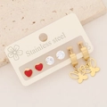 Three-pair gold stainless steel earring set with red hearts, zircons, and butterflies - Red Heart Butterfly Rhinestone Earring Combination (E516) / 3 Pairs Set