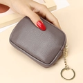 Gray genuine leather mini coin purse featuring a gold zipper and built-in keychain - Gray