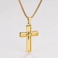 Macro detail of golden stainless steel double-layered cross pendant with box chain - Large / Gold