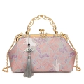 Elegant grey shell bag with pink jacquard floral pattern and golden cat handle - Gray