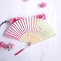 Pink and green gradient bamboo folding fan with cherry blossom pattern and silk tassel - Pink & Green Gradient Cherry Blossom Style (Women's Fan-19)