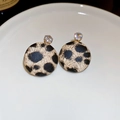 Close-up of leopard print round earrings with golden finish and clear zircon inlay - 27# Gold & Black & Light Coffee