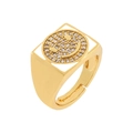 Adjustable golden square ring with a sparkling pavé zircon smiley face design - US 7 / White Square Micro-pave Smiley