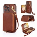 Brown leather crossbody wallet case for iPhone 15 Pro Max with zipper pouch and wrist strap - Brown / ip11
