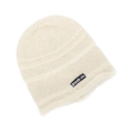 Detail of soft beige mohair knit beanie with fuzzy texture and Blank-viv woven label - Off-white with White Stripes