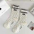 Off-white crew socks with black polka dots, bow accents and frilled edges - One Size / Frill Edge / Black Edged Polka Dot Ruffle