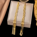 Elegant gold bow heart tassel drop earrings with sleek snake chain fringes on a velvet box - Triple Strand Tassel Earrings(AG445) / Gold