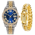 Close-up of hip-hop watch set with iced-out Cuban bracelet and blue Roman numeral dial - Blue Watch + Gold Bracelet