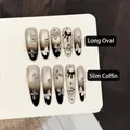 Handmade brown gradient press-on nails with 3D butterfly, rhinestones and dark sweet style - Extra Small (XS) / Long Oval