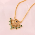 Gold star-moon fan pendant necklace with green and blue stones on pink silk cloth - Star Moon Style
