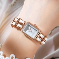 Elegante reloj de pulsera para mujer en oro rosa y blanco con esfera rectangular de nácar - Caja Oro Rosa/Esfera MOP Blanca/Cadena de Cuero Blanco
