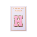 Detailed pink chenille letter H patch with gold sequins and peel and stick adhesive - Letter H