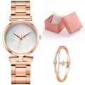 Rose gold quartz watch and star bracelet set with elegant pink textured gift box - Blue + Bracelet + Box