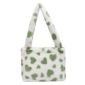 White plush heart tote bag with soft green heart pattern and furry handles - Green All-over Heart Print