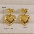 Orecchini a doppio cuore placcati oro 14K con lucidatura a specchio e altezza 34 mm - 1099 Gocce di Cuore Nidificate a Doppio Strato Lucidate a Specchio / Oro