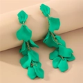 Elegant green petal long tassel earrings with golden chains on neutral background - Green
