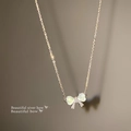 Elegant silver butterfly necklace with light green gemstone and sparkling tassels - XL966 Silver Stainless Steel Chain