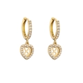 Macro detail of gold hoop earrings featuring micro-paved zircon heart-shaped pendants - Gold Heart Button