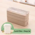 Beige wheat straw 3-layer lunch box set with 900ml capacity and matching soup cup - 900ml Wheat Straw 3-Layer Lunch Box + Square Buckle Cup (Beige Set)