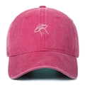 Detail of UFO embroidery and washed vintage texture on this pink cotton baseball cap - Rose Red