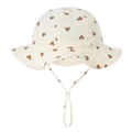 Infant cotton bucket hat featuring brown heart prints and adjustable drawstring strap - Cream White Heart