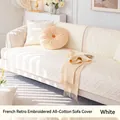 White French vintage quilted cotton sofa cover with elegant floral embroidery details - 70*70cm / White