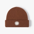 Dark brown knit beanie with double folded brim and embroidered white smiley patch - Rust red