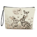 Neceser de lona beige con boceto de conejo vintage, estampado floral y correa de mano - Estilo Conejos Acurrucados (xy-081-2) / Con Correa