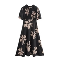 Elegante zwarte bloemenjurk met geplooide borstdetails en korte pofmouwen voor dames - XS / Zwart