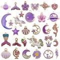 27-piece purple enamel charm set with stars, moons and flowers for DIY jewelry making - Purple (HK529)