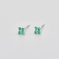 Detail macro view showing green cubic zirconia stones on silver clover stud earrings - Silver Green Zirconia
