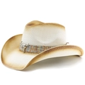 Klassieke strooien cowboyhoed met metalen stier-ornament en een etnische band - M(56-58cm) / Wit Khaki Gradiënt