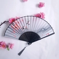 Bamboo folding fan with pink cherry blossoms and birds on black ribs with grey tassel - Pink Cherry Blossom & Bird Style (Women's Fan-46)