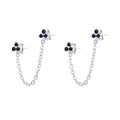 Detail of silver double piercing earrings with blue zircon clusters and connecting chain - Silver/Dark Blue Zirconia
