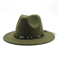 Detailed close-up of olive green wool fedora with flat brim and ethnic beaded trim - Army Green