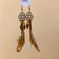 Pendientes bohemios con dijes de hojas de bronce y plumas naturales marrones y blancas - Pendientes de Borla Pluma Hoja Bronce Atrapasueños (5#)